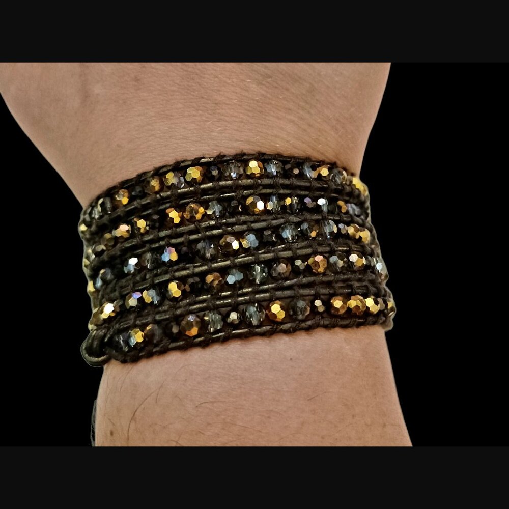 Victorian Emerson Dark Brown Leather Multi Color Crystal 34" Long  Bracelet